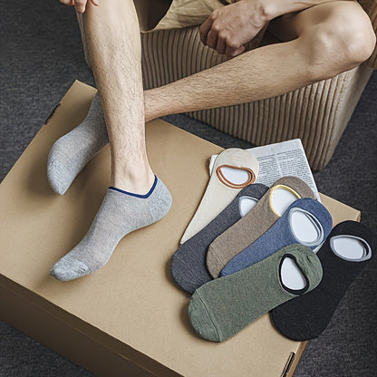 7 Pairs of Men's Thin Mesh Breathable Boat Socks - Sweat Absorbent, Non-Slip, Shallow Mouth Design for All-Day Comfort - Solid Color (Grey, Navy Blue, Beige, Black, Olive Green, Dark Brown)